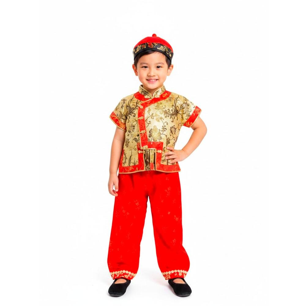 Cathaya Kids Traditional Chinese Tang Suit Top Pants Set Red Gold Brocade Size 6